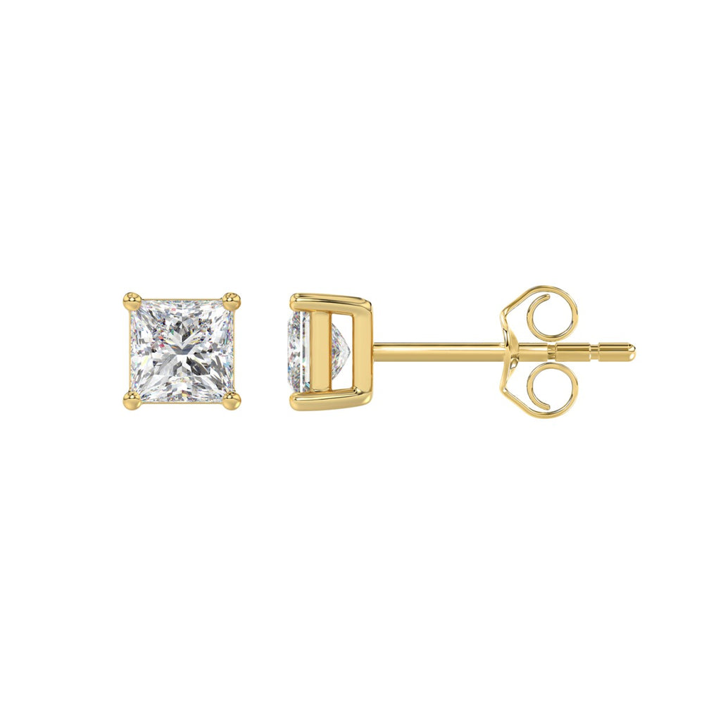 LADIES SOLITAIRE EARRINGS 1CT PRINCESS DIAMOND 14K YELLOW GOLD