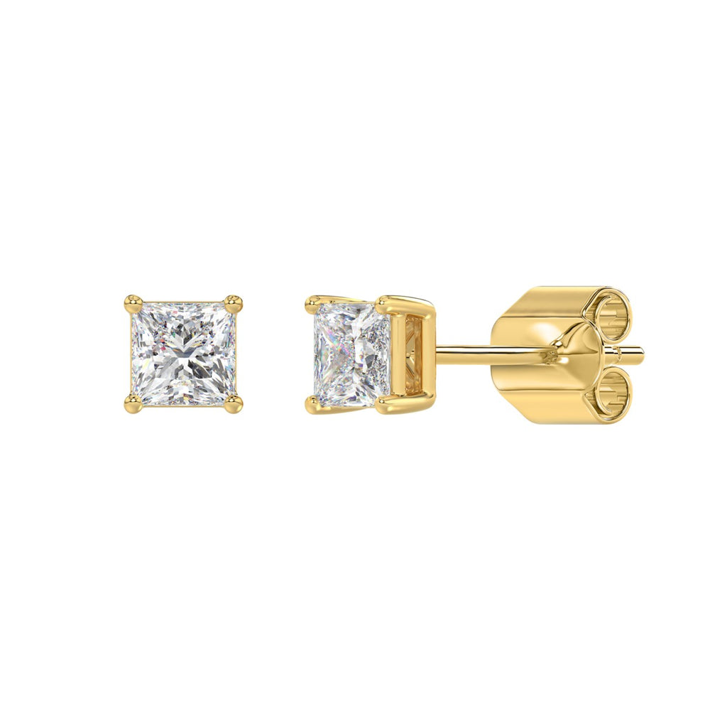 LADIES SOLITAIRE EARRINGS 1CT PRINCESS DIAMOND 14K YELLOW GOLD