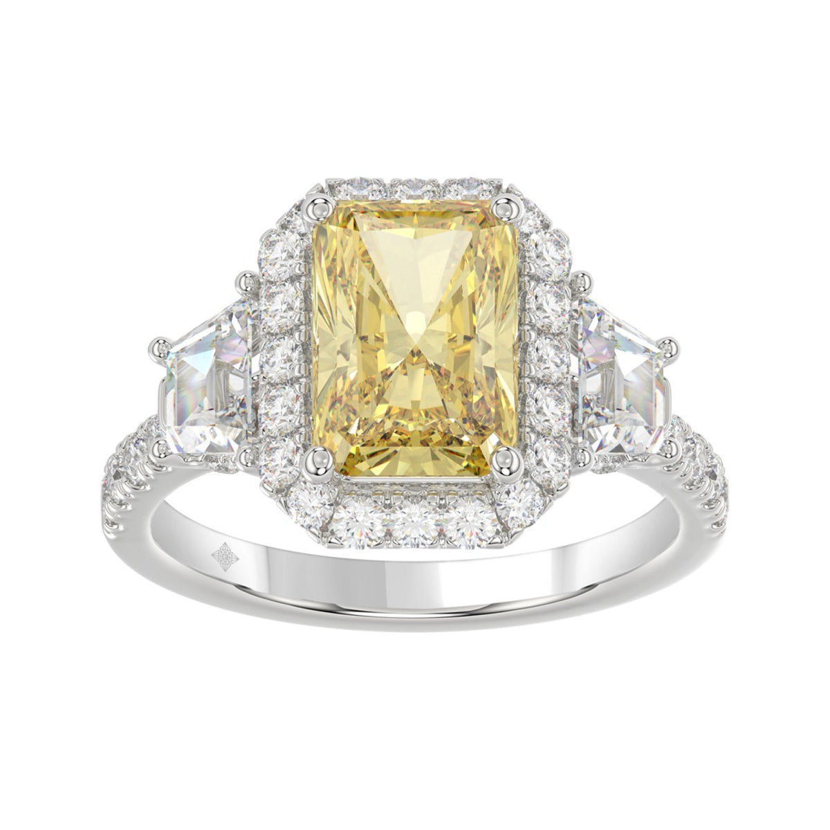 14K WHITE GOLD 4 1/4CT ROUND/TRAPEZOID/RADIANT DIAMOND LADIES RING (CENTER STONE YELLOW RADIANT DIAMOND 3.00CT)