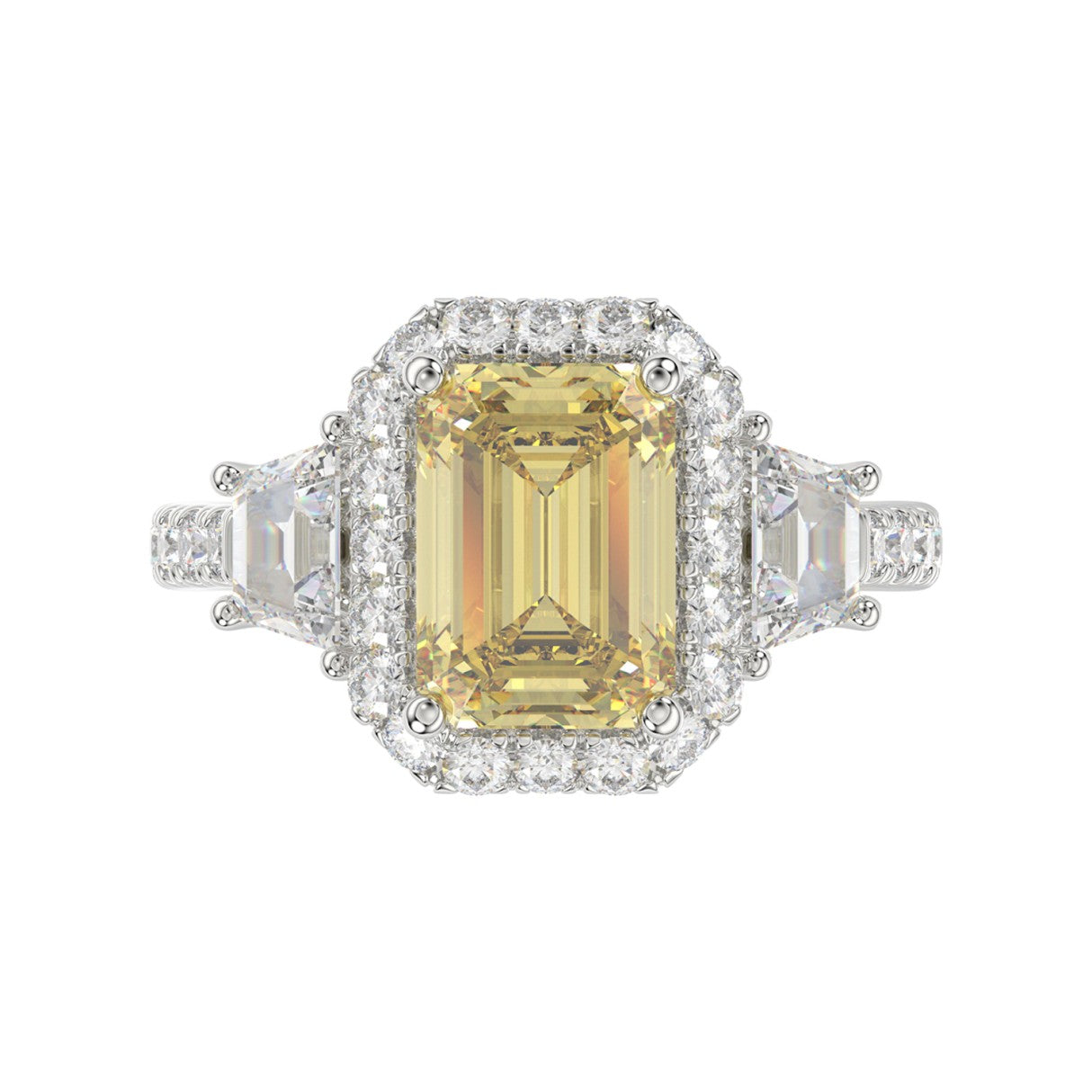 14K WHITE GOLD 4 1/4CT ROUND/TRAPEZOID/RADIANT DIAMOND LADIES RING (CENTER STONE YELLOW RADIANT DIAMOND 3.00CT)